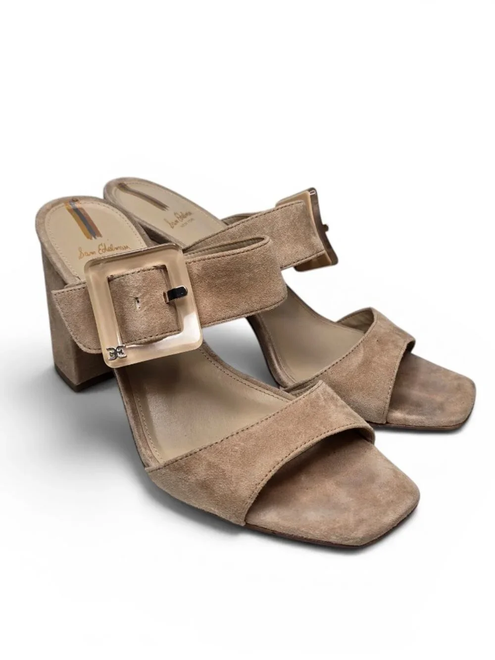 Sam Edelman Dalton Block Heel Sandals Womens Golden Caramel Suede Buckle Strap